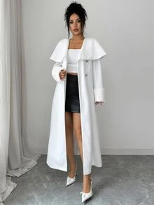 Elenzga Standard Size Women's French Lady Style White Cape Collar Long Overcoat With Faux Fur Sleeve Design, Elegant Overcoat - White - View 5
