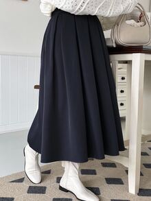 Dazy Plus Elastic Waist Pleated A-Line Fun Commute Versatile Long Skirt - Navy Blue - View 4