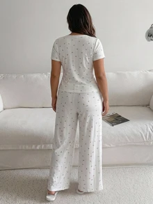 Dazy Plus 2pcs Ditsy Floral Fitted Top & Long Pants Loungewear Pajama Set - White - View 2