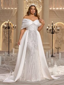 Glamrae Plus Size Elegant Romantic Glamorous Beaded Embroidered Patchwork Wedding Dress Satin Off-Shoulder Butterfly Plus Size Sleeves Fitted Mermaid Hem With Train - White - View 7