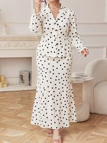 Modelyn Plus Size Elegant Commuter Polka Dot Print Shirt & Skirt Set - Apricot - View 5