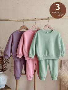 SHEIN LMoss Kids 女童 3件組 針織純色圓領寬鬆休閒秋冬衛衣套裝 - 彩色 - 查看 9