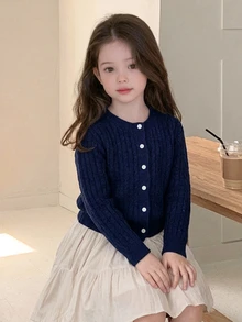 Dazy Kids Young Girls' Casual Cardigan Sweater, Basic Autumn/Winter Outer Layer, Navy Blue Contrast Color Button Front - Navy Blue - View 9