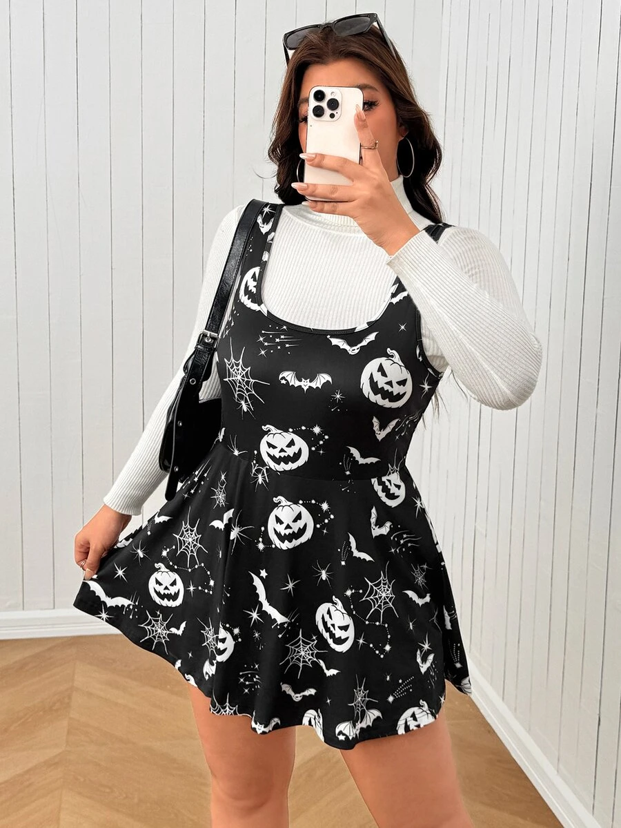 SHEIN EZwear 大尺碼女款全印花休閒日常穿著連身褲 - 黑與白 - 查看 1