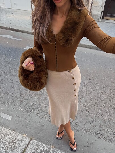 Glamine Charm Women's Autumn/Winter Fashion New Low Neckline Fur Collar Patchwork Design Front Metal Button Open Front Slim Fit Waist Detail Solid Color Warm Knit Cardigan Jacket Fashion Hot Girl Party Holiday Outfit