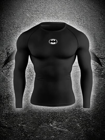 BATMAN X SHEIN メンズ ブラック スリムフィット 長袖 スポーツTシャツ