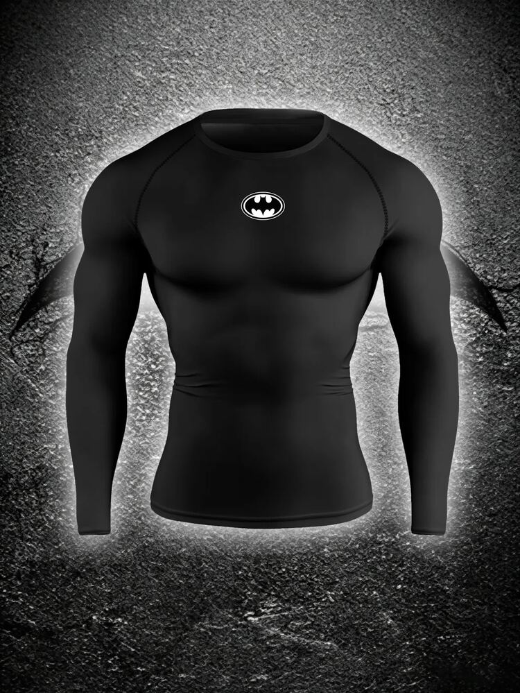 BATMAN X SHEIN Gym Rark Men's Black Slim Fit Long Sleeve Sports T-Shirt - Black - View 1