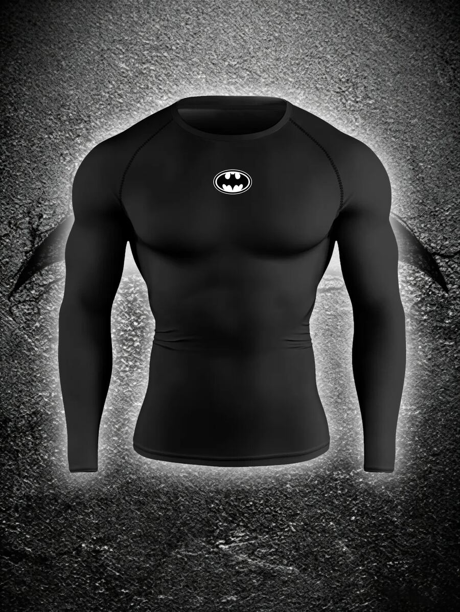 BATMAN X SHEIN Gym Rark 男士黑色修身長袖運動T恤 - 黑色 - 查看 1