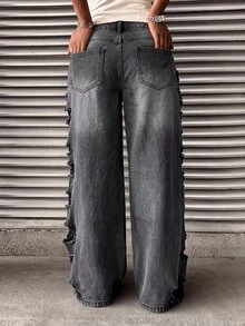 StreetHx Women's Fashion Casual Grunge Streetwear Distressed Vintage Retro Straight Leg Jeans Music Rave Dark Grey Going Out Fall - Grey - View 5