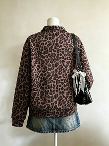 SHEIN 青少年女孩秋冬抓絨衣，復古可愛棕色豹紋半拉鍊立領長袖寬鬆大碼運動衫，Y2K復古風，灰色派對穿搭 - 棕色 - 查看 3