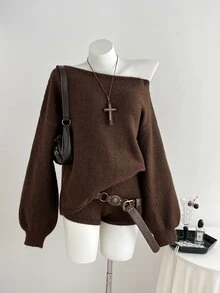 Elamini Women's Brown Casual Versatile Daily Commute Home Wear Fuzzy Asymmetric Neck Sweater 2 Pieces Set - Brown - View 5