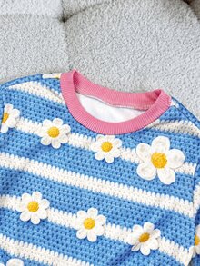 SHEIN 女嬰雛菊條紋圓領長袖衛衣與內搭褲休閒套裝 - 藍色 - 查看 5