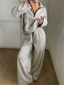 DAZY 女款拼色寬鬆上衣與長褲休閒兩件套 秋季居家機場風 灰色 - 卡其色 - 查看 2