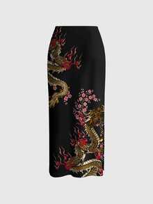 ROMWE Avant Dragon New Chinese Style Dark Punk Pattern Print Sexy High Slit Plus Size Skirt - Black - View 3