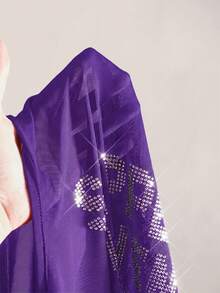 SHEIN ICON 大尺碼 Y2K 夏季黑色性感透視網紗水鑽亮片露背修身背心上衣（附水鑽字母裝飾） - 紫色 - 查看 9