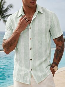 VENTUSAIL Men's Yellow Woven Striped Summer Lightweight Slim Fit Casual Vacation Short Sleeve Shirt - Mint Green - View 7