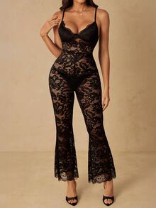 HautHeat Jumpsuit Wanita Seksi Transparan Berbahan Renda dengan Tali Bahu Tipis - Hitam - View 5