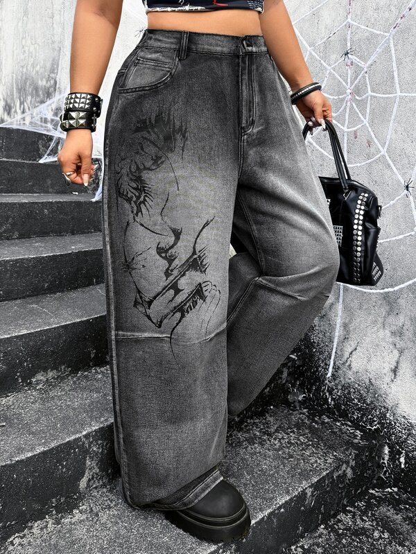 Jeanoix Pantalones de pierna ancha de mezclilla negra y gris con estampado abstracto oscuro estilo Y2K talla grande para uso en exteriores y calle