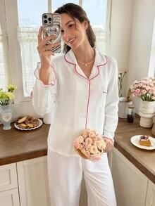 Snug Reverie Fresh Pure White Pleated Texture 2 Pieces Pajama Set, Ruffle Cuff Detail, Comfortable Loose Slouchy Loungewear - Beige - View 3