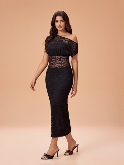 Glamance Black Lace Batwing Sleeve High Elastic Slim Fit Long Dress, Elegant Mature Casual Sexy For Outing, Work, Office, Daily, Party, Birthday, Vacation, Middle East Travel, Beach, Swimwear, Bohemian, Halloween, Back To School, Independence Day, Summer