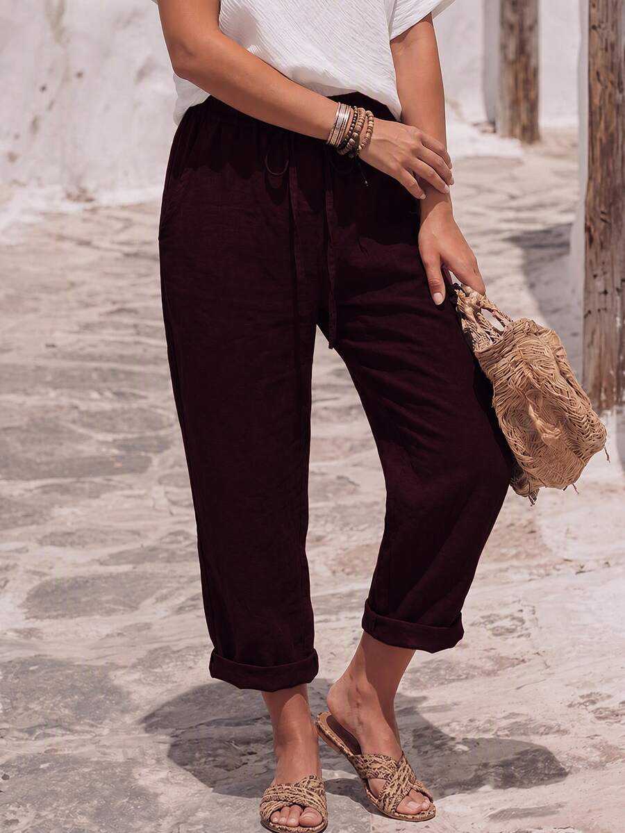 SHEIN Holidaya Casual Vacation Style Solid Color Long Pants - Red - View 1