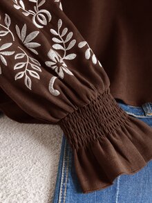 CosyJoli 大尺碼女款植物刺繡襯衫 - 摩卡棕 - 查看 4