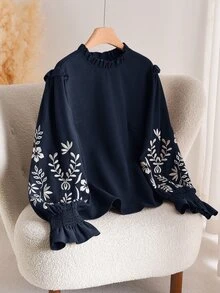 CosyJoli 大尺碼女款花卉刺繡圖案休閒日常穿著襯衫 - 藏蓝色 - 查看 3