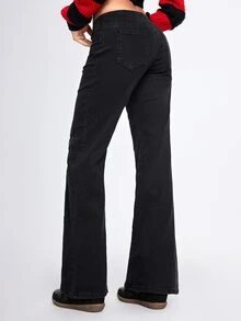ROMWE Grunge Punk Indie Sleaze Hedi Youth Punk Cross PU Patch Embroidery Skinny Straight Leg Jeans For Women - Black - View 3