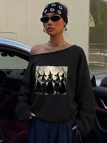 Veykashi 萬聖節女巫圖案女款休閒黑色露肩寬鬆長袖衛衣，秋季新品 - 黑色 - 查看 6