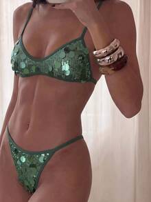 Zestiva Women's Solid Color Sequin 2-Piece Sexy Bikini Set For Beach, Vacation And Party - Mint Green - View 1