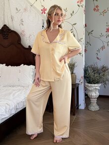 CottageSlumber Yellow Striped Pajama Set For Women, Sweet New Style Short Sleeve Long Pants Loungewear, Plus Size - Yellow - View 3