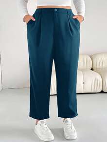 SHEIN Essnce Plus Size Casual Versatile Solid Color Pants - Blue - View 7