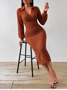 SHEIN Lady Gaun Midi Polos Pas Badan untuk Wanita, Cocok untuk Perjalanan Sehari-hari - Rust Brown - View 5