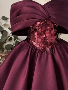 Lovelzi Elegant Romantic Fashionable Angola Red Satin Sequin Patchwork Strapless Off-Shoulder Adjustable Back Flared Short Party Dress, Wedding Guest Dress, Deep Red Dress, Bachelorette Party, Ball Gown - Burgundy - View 6