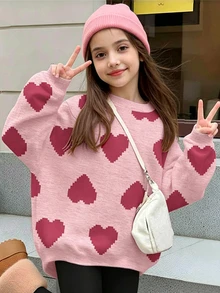 青少年女孩休閒極簡寬鬆圓領舒適長袖衛衣，適合秋冬，經典像素愛心圖案印花 - 白色 - 查看 1