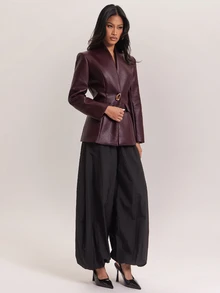 SHEIN BAE Blazer Kasual Wanita Warna Polos dengan Kancing Logam Tunggal untuk Perjalanan Sehari-hari - Burgundy - View 7