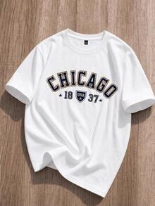 Manfinity Joysei 男士極簡主義 Chicago 字體圖案白色修身 T 恤 - 白色 - 查看 1