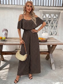 SHEIN Clasi 女款波點圖案荷葉邊露肩時尚連身褲，適合度假 - 彩色 - 查看 7