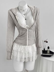 Elamini 女款粉色條紋長袖連帽蝴蝶結印花輕便外套，適合日常外出，學院風，度假風 - 咖啡棕 - 查看 4