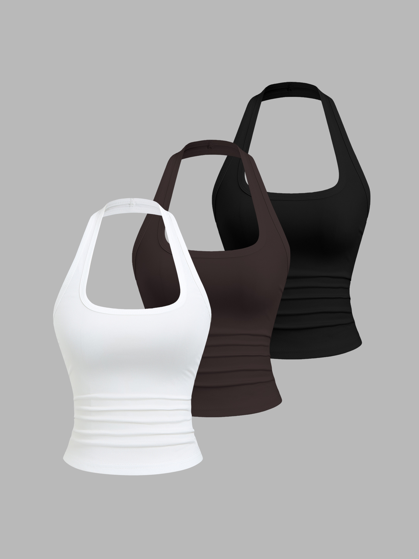 Sweetra Conjunto de 3 Peças de Top Regata Halter Feminino Sexy Casual Versátil com Cintura Marcada e Costas Abertas, Estampa de Poá e Branco, Amarelo Pálido, Moda Francesa de Verão