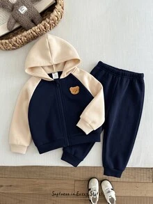 Cozy Pixies 男嬰卡通熊圖案拼色長袖秋冬夾克彈性腰長褲2件套，保暖內裡加厚，適合冬季 - 藏蓝色 - 查看 6