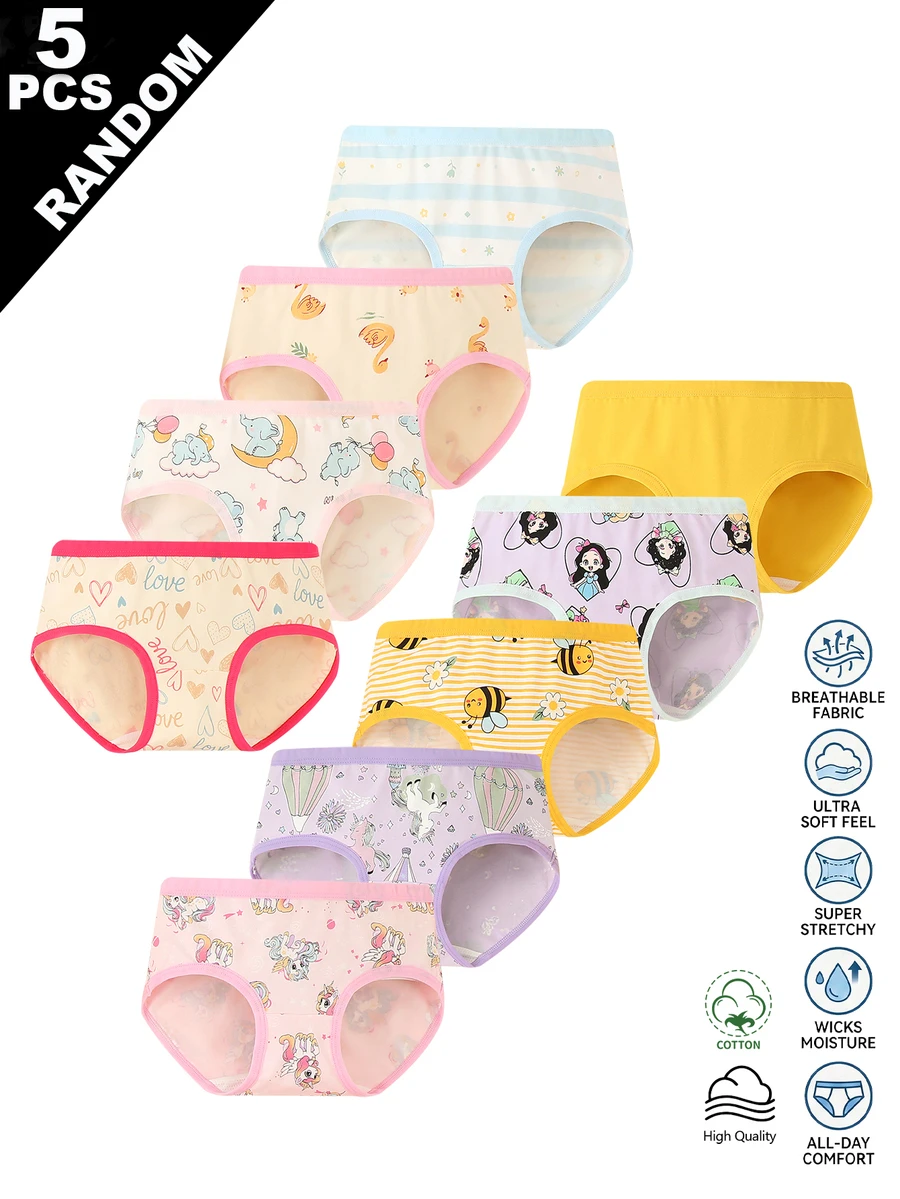SHEIN (5 Random) Girls' Simple Fashion All-Over Print Cartoon Heart Rabbit Pattern Triangle Panties, Young Girl' Underwear - Multicolor - View 1