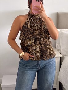Firerie Plus Size Women's Leopard Print Multi-Layer Ruffle Halter Neck Fashion Blouse - Multicolor - View 4