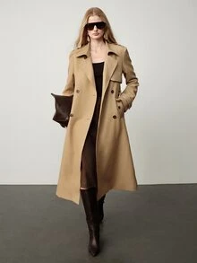 SHEIN 女款編織素色正肩長袖收腰半開襟下擺開衩戶外休閒日常通勤辦公春秋冬風衣外套 - 卡其色 - 查看 8
