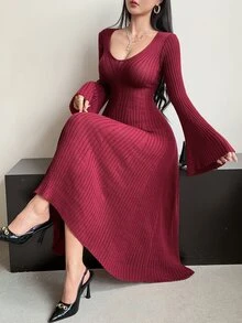 DAZY Women's Autumn/Winter Elegant Solid Color Bell Sleeve Knit Dress - Burgundy - View 8