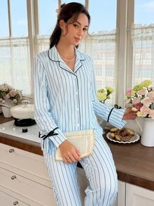Snug Reverie Women's Lapel Striped Print Tie Bow Decor Long Sleeve Long Pants Pajama Set - Multicolor - View 6