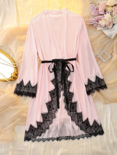 DelicateAllure Pink Mesh & Lace Patchwork Contrast Color Waist-Cinching Slimming Pure Romantic Elegant Plus Size Nightgown