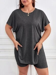 SHEIN Frenchy 大尺碼女款純色短袖上衣與短褲休閒日常兩件套 - 深灰色 - 查看 5