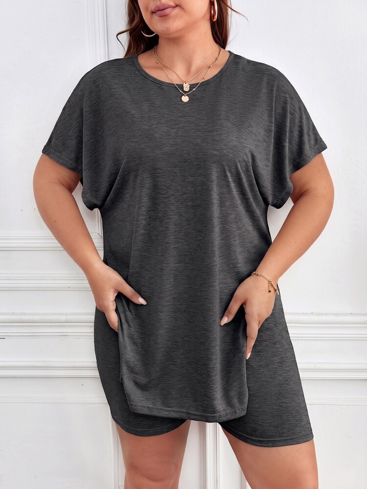 SHEIN Frenchy Plus Size Women Solid Color Short Sleeve Top And Shorts Casual Daily 2-Piece Set - Dark Grey - View 5