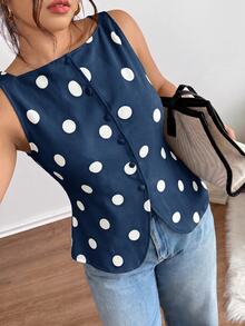 Lounesse Kemeja Wanita Ukuran Besar Motif Polkadot Kasual Serbaguna untuk Aktivitas Sehari-hari - Navy Blue - View 4
